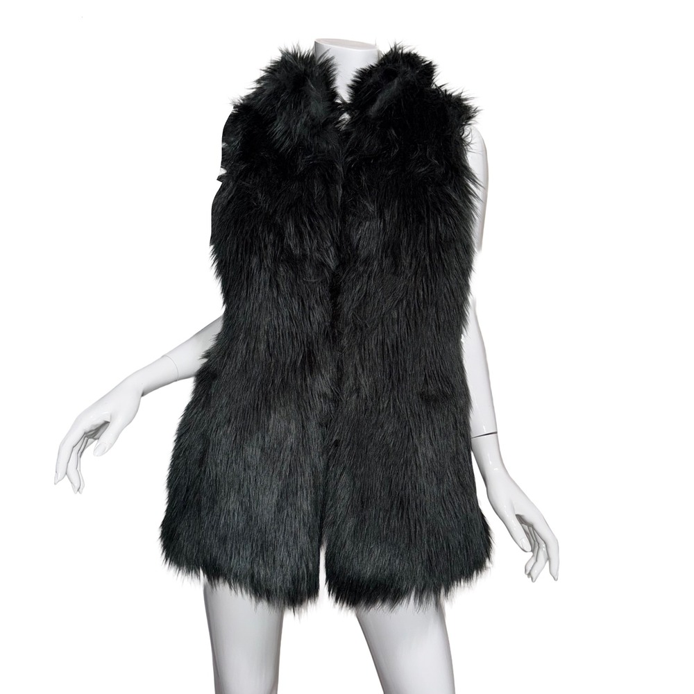 Ann Taylor LOFT Black Faux‎ Fur Vegan Chunky Vest Mob Wife Western Glam XS/S